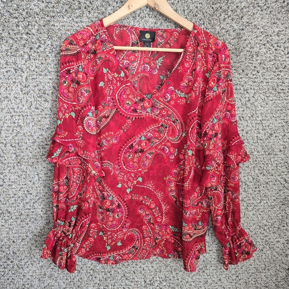 JM Collection Top Womens Medium Red Paisley Print V Neck Blouse Semi Sheer - Picture 1 of 7